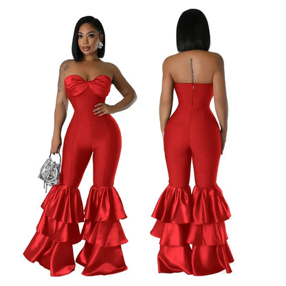 Luxurious strapless sleeveless jumpsuit for women featuring a slim fit and elegant ruffled patchwork design, perfect for high street fashion.