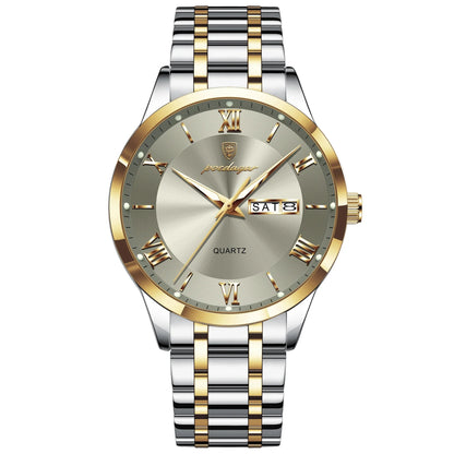 Stylish stainless steel sports watch with a complete calendar and week display, designed for the modern gentleman.