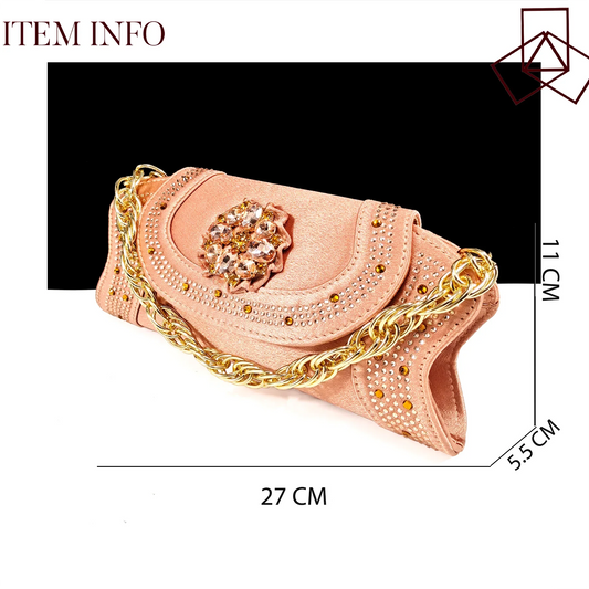 Chic small long bag set with rhinestone detail, complementing the Queena Yan peep-toe heels, an essential accessory for glamorous occasions