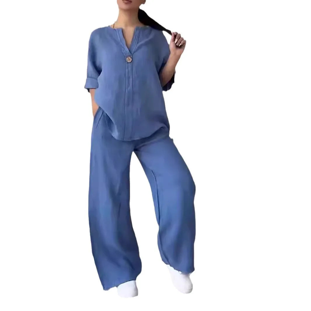 Stylish two-piece set featuring a casual V-neck blouse and wide leg pants, ideal for middle-aged women embracing luxury fashion.