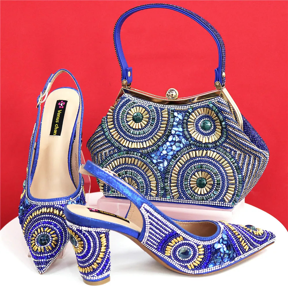 Chic blue pointed toe pumps paired with a matching handbag, exuding elegance and designed for women who appreciate luxury in their style.