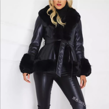 Full outfit display featuring a women's luxury faux leather jacket styled with winter fashion.