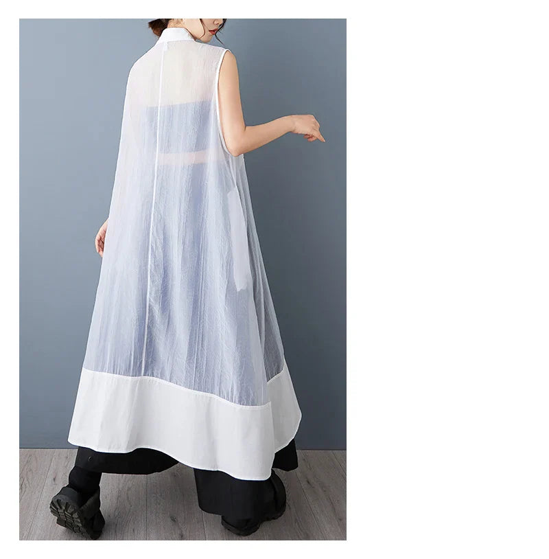 Elegant NYFS Loose Plus Size Organya Splicing Sleeveless Casual Shirt Dress for Women in Black, showcasing a chic Korean style for summertime outings.