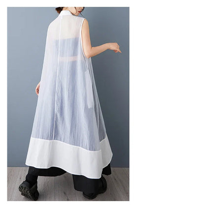 Elegant NYFS Loose Plus Size Organya Splicing Sleeveless Casual Shirt Dress for Women in Black, showcasing a chic Korean style for summertime outings.