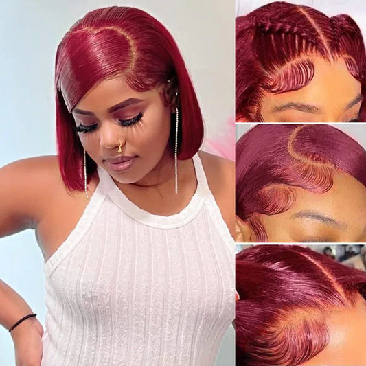 Luxury 99J Burgundy Glueless Bob Wig, crafted from 100% Human Hair, featuring Brazilian Straight texture and 13x4 Lace Front construction for an elegant look.
