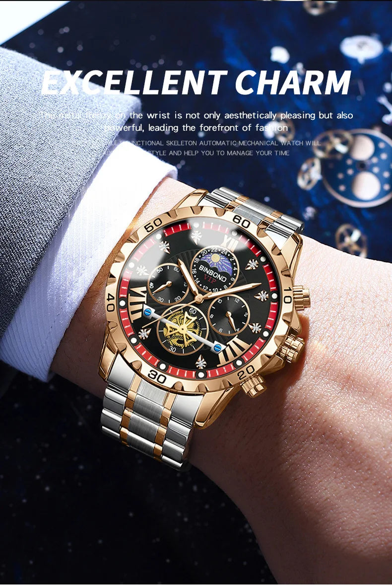 Elegant round dial of a luxury quartz watch highlighting the chronograph and moon phase features, perfect for men with refined taste.