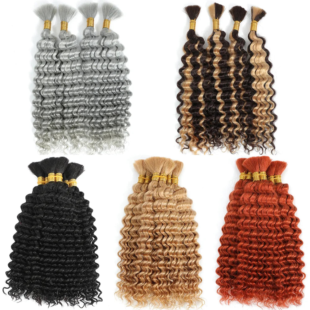 Close-up of 100% Brazilian human hair braiding strands in vibrant deep wave curl pattern, perfect for glamorous hairstyles.