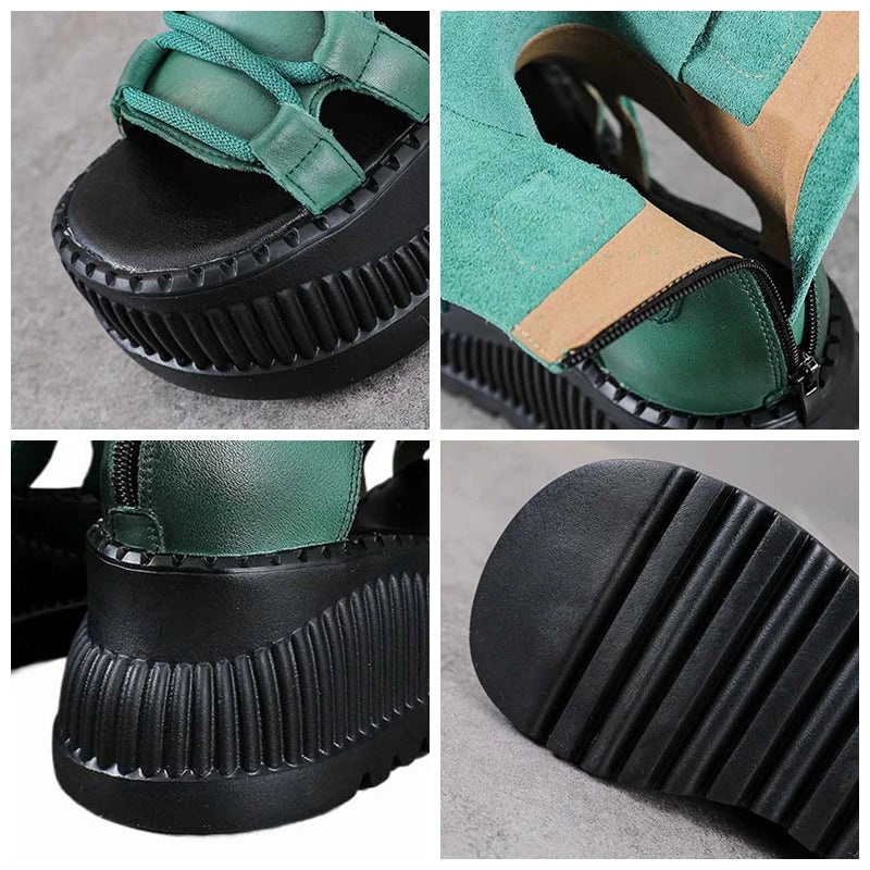 Chic Koznoy 8cm Wedge Ankle Booties detail, emphasizing the high-quality bonded leather in a stunning ethnic-inspired design.