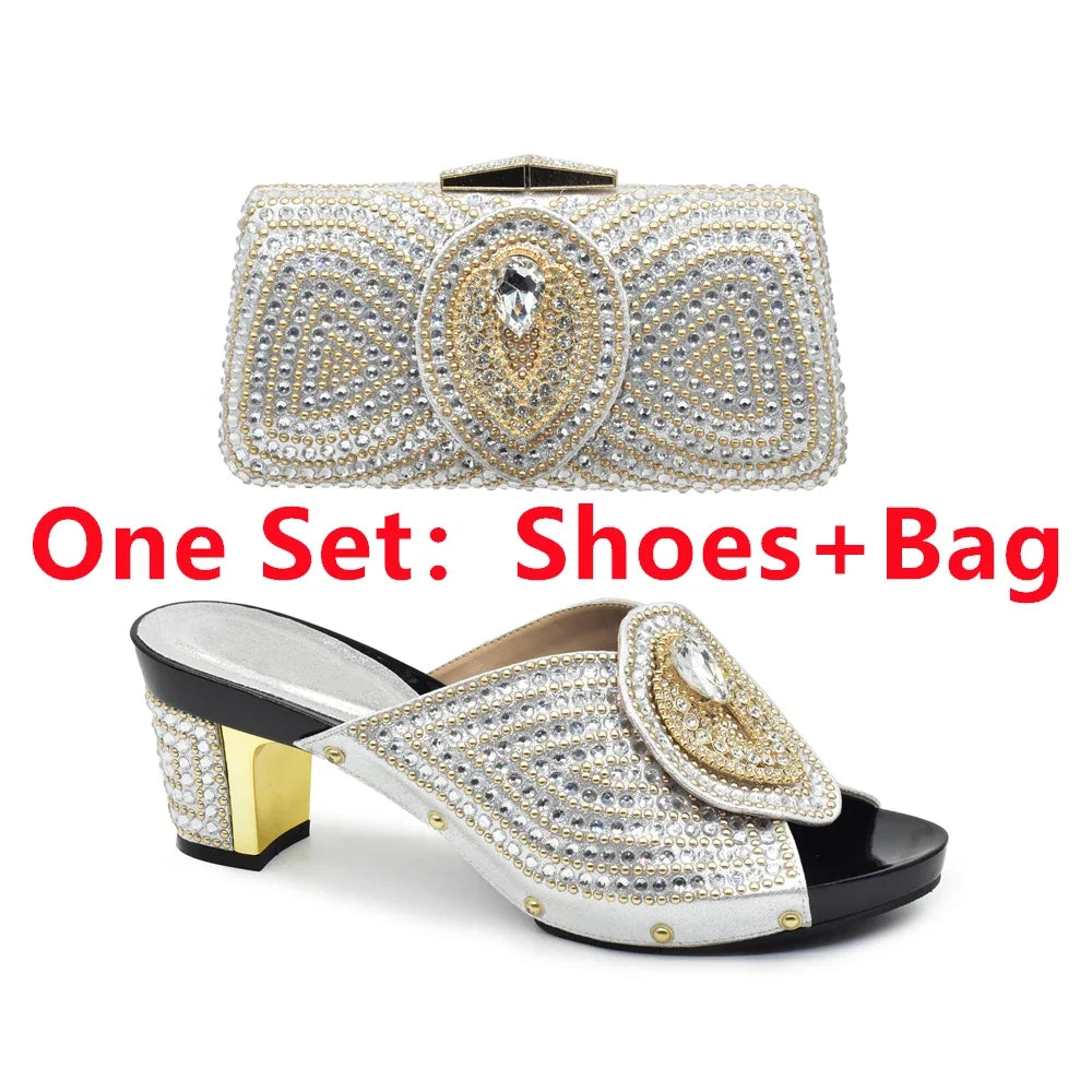 Elegant Italian ladies' high heel shoe and bag set, adorned with sparkling rhinestones, designed for parties, available in a range of sizes from 37 to 43.