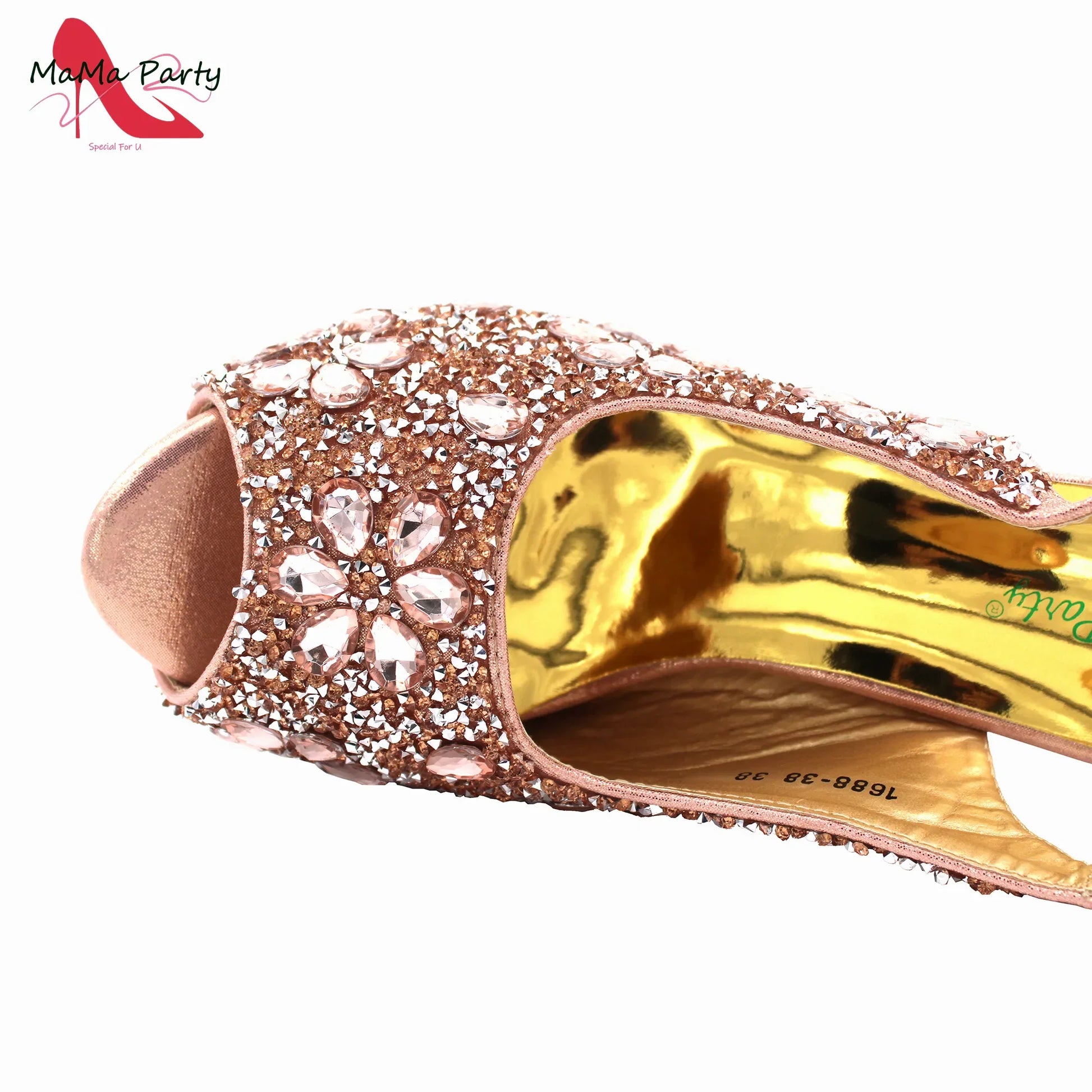 Close-up of luxury crystal detailing on red peep toe sandals for women, exemplifying exquisite design and sophistication.