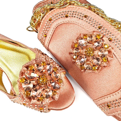 Stylish peach peep-toe heels with high round heel, featuring a secure buckle strap, ideal for weddings and sophisticated events.