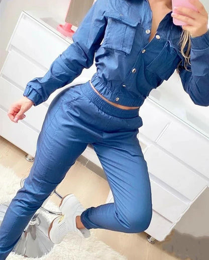 Luxury two-piece denim style tracksuit for women featuring a sophisticated long sleeve button pocket shirt and high waist pants designed for middle-aged elegance.