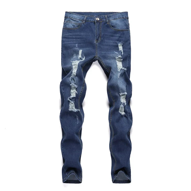 Luxury men's ripped skinny jeans in vintage stonewashed denim, showcasing a casual slim fit pencil style, perfect for a stylish everyday look.