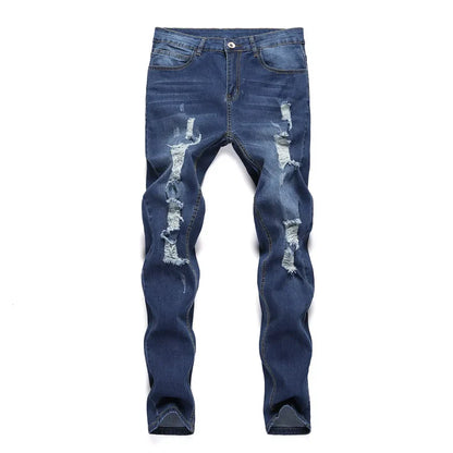Luxury men's ripped skinny jeans in vintage stonewashed denim, showcasing a casual slim fit pencil style, perfect for a stylish everyday look.
