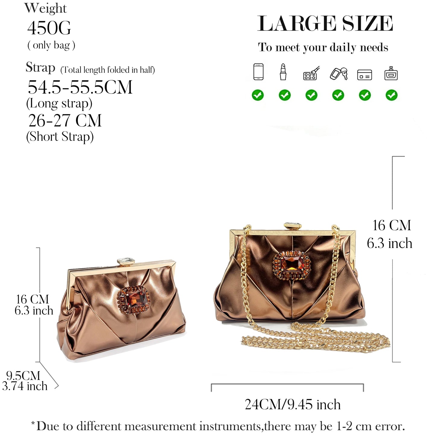 Chic coffee handbag with a long chain shoulder strap, designed to complement luxury rhinestone pumps for an elegant look.