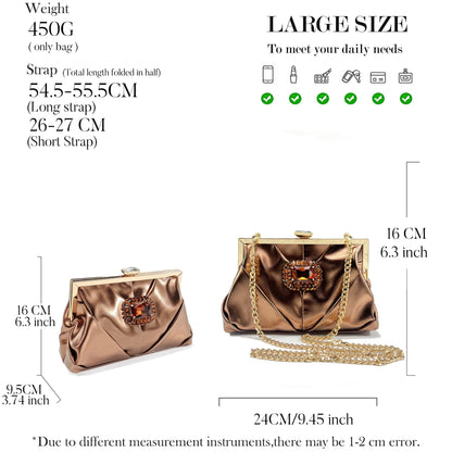 Chic coffee handbag with a long chain shoulder strap, designed to complement luxury rhinestone pumps for an elegant look.