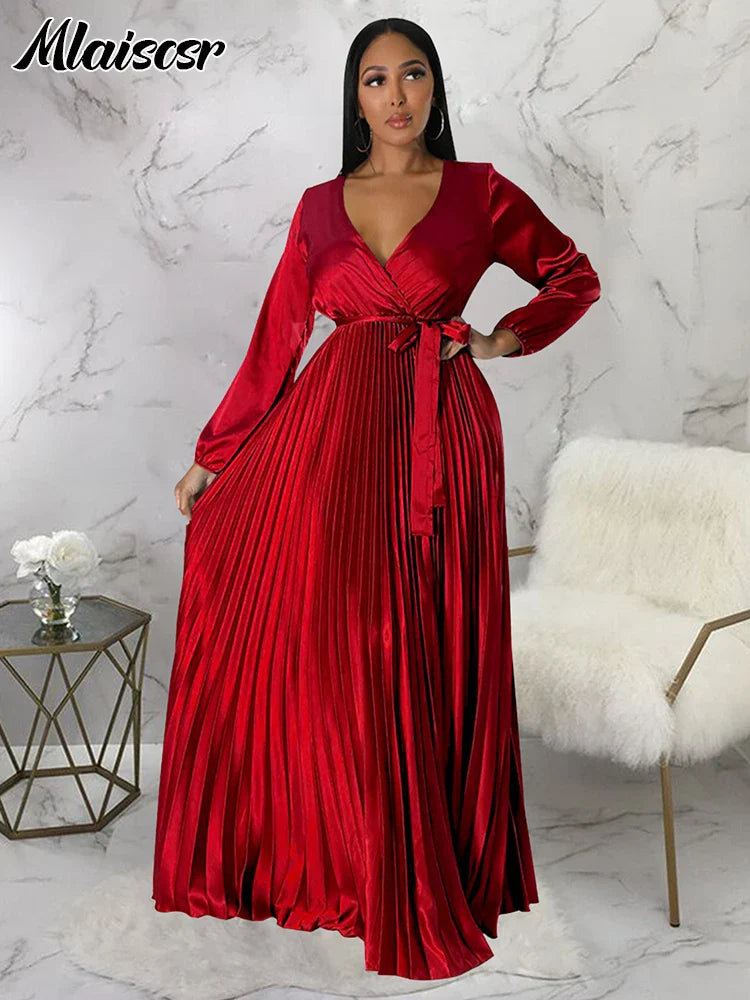 Mlaiscsr Women's Elegant V-Neck Lantern Sleeve Dress, showcasing a luxurious floor-length pleated design ideal for weddings and parties.