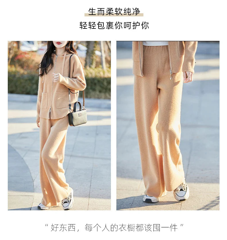 Elegant ensemble featuring wide leg pants and a matching Merino wool cardigan, ideal for stylish comfort in colder seasons.