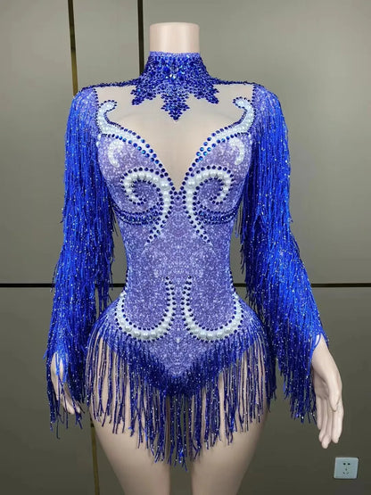 Close-up detail of the luxurious pearl accents and fringe design on the Women's Cha-Cha Dance Practice Suit, emphasizing sophisticated fashion for women in dance.