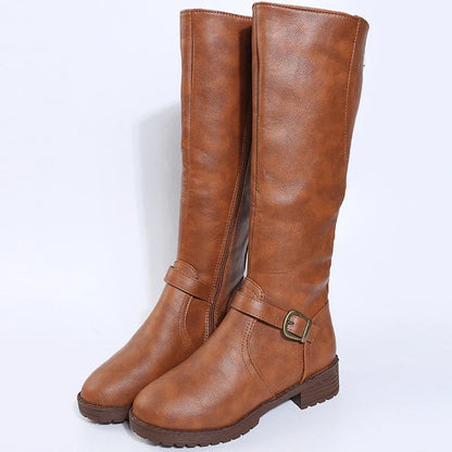 Sophisticated mid-calf PU leather boots for women with a stunning round toe design, refined buckle accents, and a comfortable medium-height square heel, ideal for fashionable winter wear.
