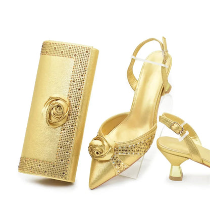 Stylish slingback heels from an elegant women's shoe set, showcasing exquisite craftsmanship and floral features, ideal for special occasions.