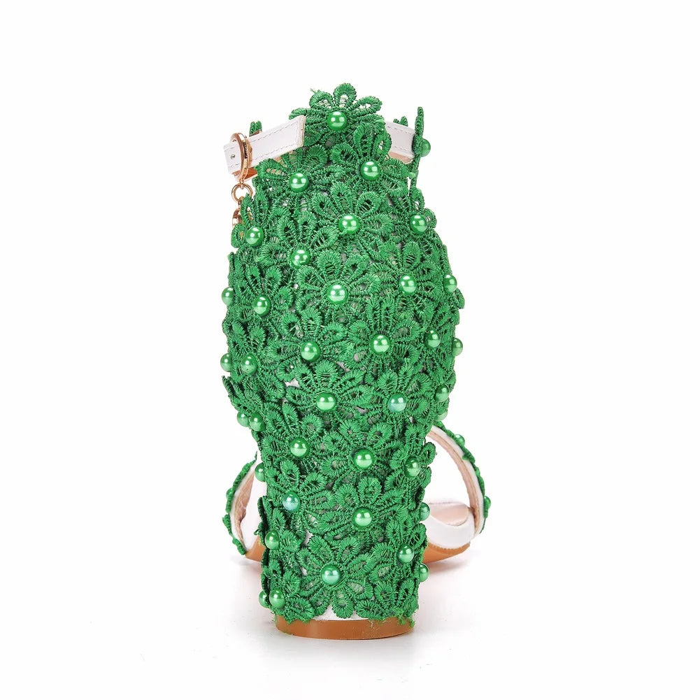 Sophisticated high heel sandals for women with lace flowers and beads, ideal for adding glamour to any dress outfit.