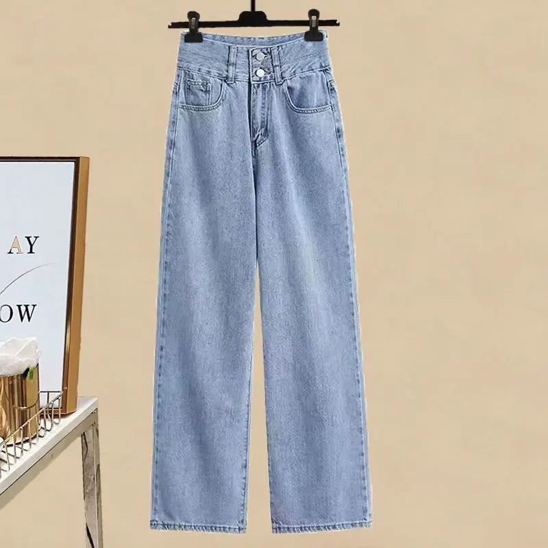 Model demonstrating the versatile women's spring summer striped long sleeve shirt, vest, and wide leg jeans ensemble, emphasising comfort and elegance.