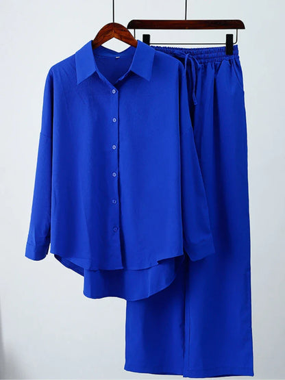 Sophisticated styling of the Women's Casual Spring/Summer Outfit Set, showcasing the pleated details and mid-waist fit of the wide leg pants.