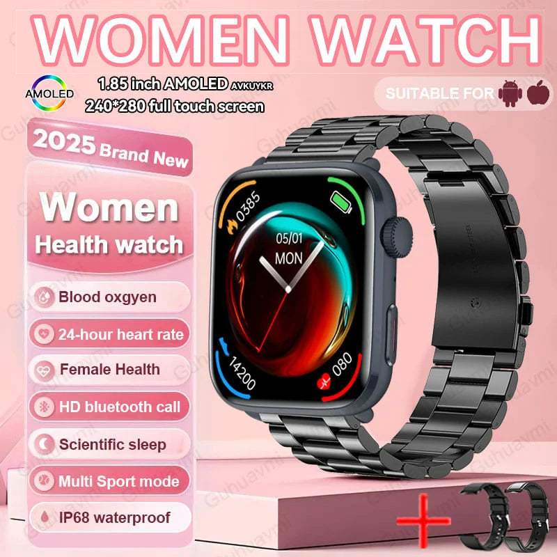 Elegant AI Diagnosis NFC Smart Watch for Women featuring a luxurious 1.85-inch AMOLED display, designed for heart rate, blood pressure, and body temperature monitoring.