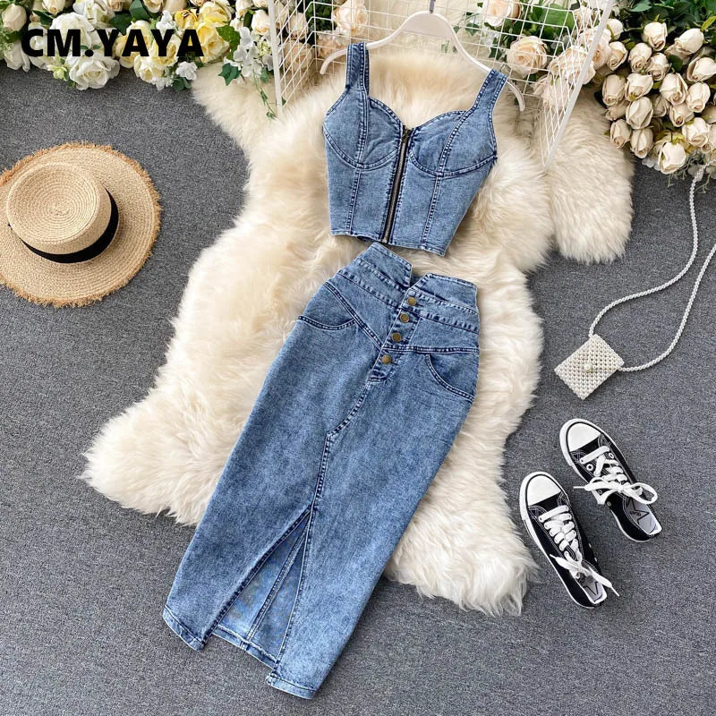 Elegant CM.YAYA women's denim 2-piece set featuring a sleeveless crop top and ankle-length skirt in solid blue, perfect for sophisticated summer outings.