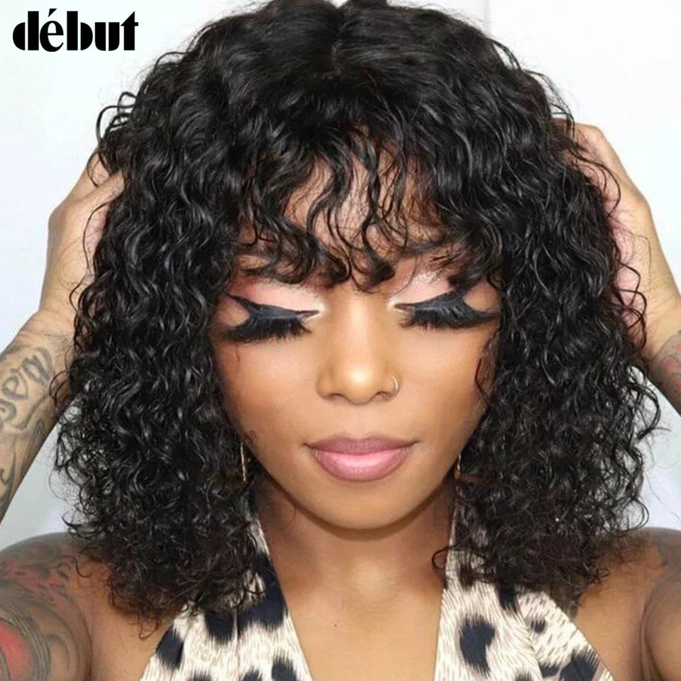Side view of a 14 to 20 inch Jerry Curly Pixie Bob Cut Human Hair Wig with natural highlights, exemplifying a luxurious hairstyle.