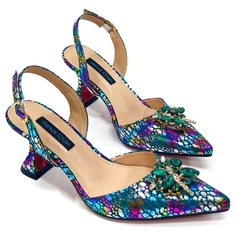 Exquisite yellow crystal design pointed toe pumps for women, featuring high spike heels and an elegant pointed toe.