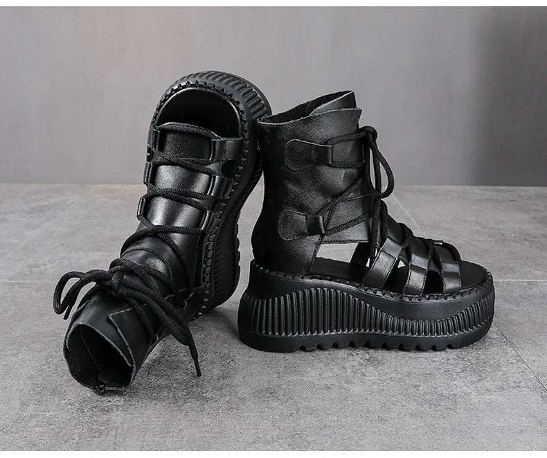 Koznoy Wedge Ankle Booties in a chic summer setting, highlighting the breathable peep toe and luxurious finish for fashionable women.