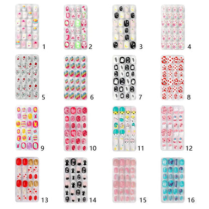 Luxurious acrylic press-on false nails for kids, showcasing delightful flower designs in vibrant candy colours, perfect for nail art enthusiasts.