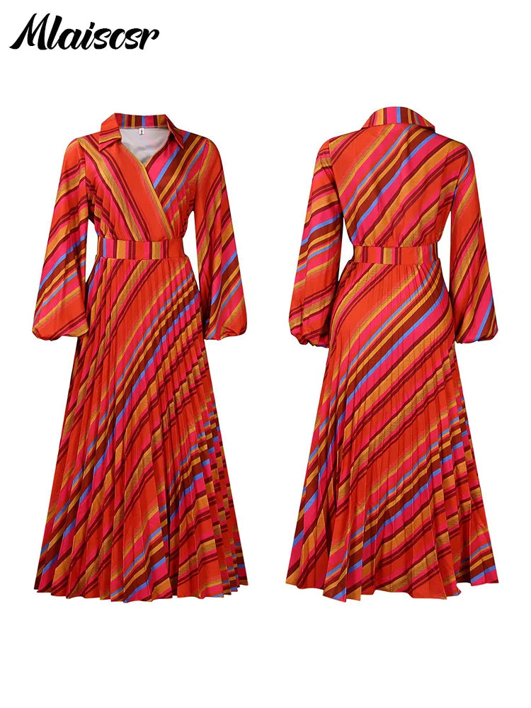 Graceful V-neck pleated midi dress by Mlaiscsr, crafted for middle-aged women seeking fashionable and comfortable attire.