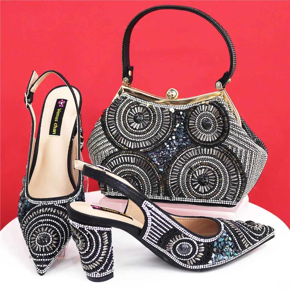 Stylish handbag set accompanied by elegant women's pointed toe pumps, showcasing a chic metal handle and long chain shoulder strap, ideal for sophisticated occasions.