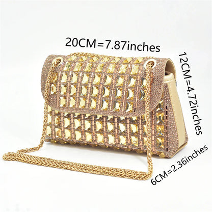 Fashionable silver and black high heel pumps with a glittering rhinestone finish, accompanied by a chic matching handbag, exuding elegance and sophistication.