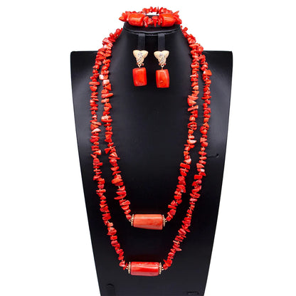 Fashionably arranged Luxury African Beads Jewelry Set featuring a classic statement necklace, chic earrings, and a complementary bracelet, ideal for elevating any party outfit with sophistication.