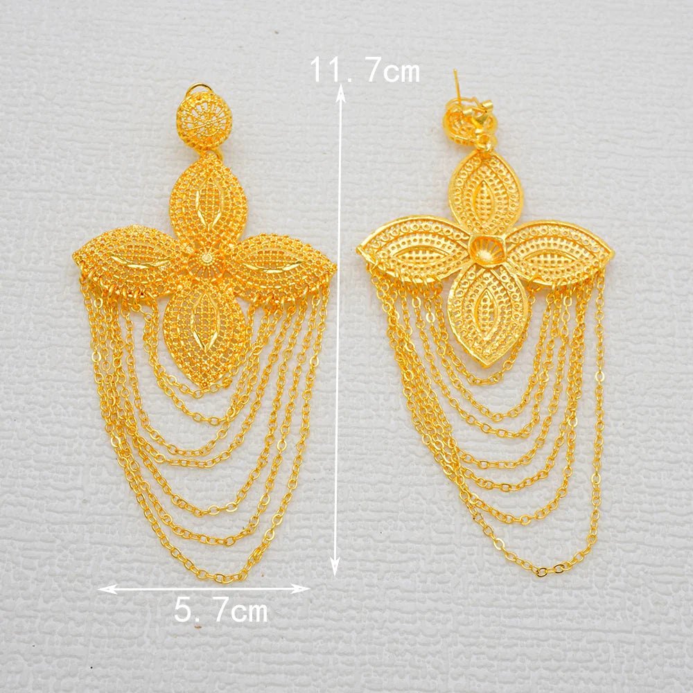 Glamorous Long Tassel Earrings with a trendy geometric motif in radiant gold, perfect statement jewellery for weddings and upscale gatherings.