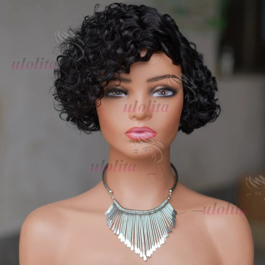 Model wearing the Ombre Blonde T1B27 Pixie Cut Curly Bob Wig, exhibiting the chic side part and beautiful ombre effect suitable for various occasions.