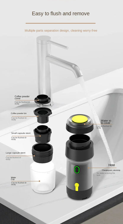 Premium espresso machine featuring a compact design, perfect for home or office use with stylish plastic casing.