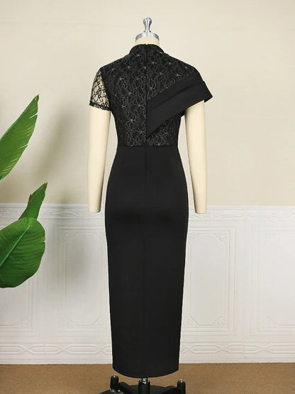 Elegant black long high neck lace patchwork bodycon evening dress for women, featuring a sexy slit for a glamorous club look.