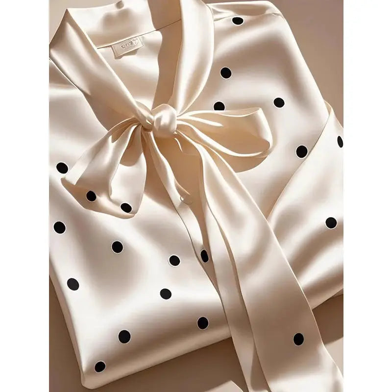 Elegant women's casual shirt in satin with polka dots and scarf collar, designed for a loose fit and stylish office attire.