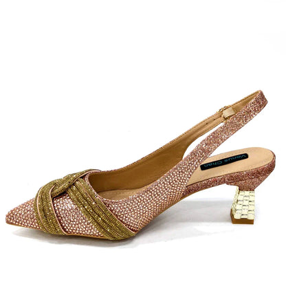Complete ensemble featuring Venus Chan Champagne Rhinestone Slingback Heels paired with the matching luxury bag, a statement set for sophisticated events.