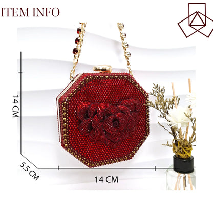 QSGFC Women's Elegant Pointed Toe Mid-Heel Evening Pumps in Wine with Handmade Floral Clutch, showcasing sophistication for parties.