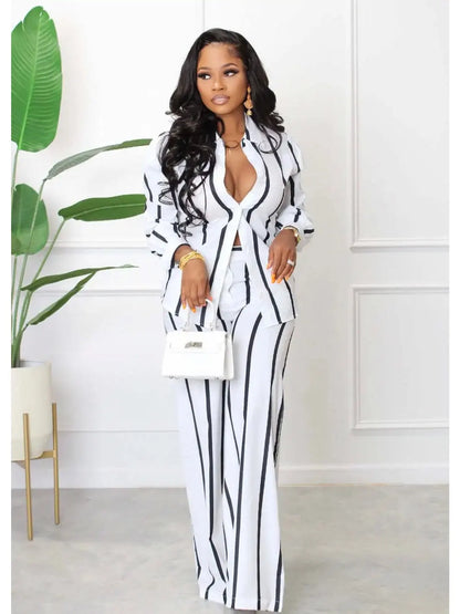 Women's Luxe Casual Two-Piece Set featuring a stylish striped shirt and elegant long pants ensemble in high-quality fabric.