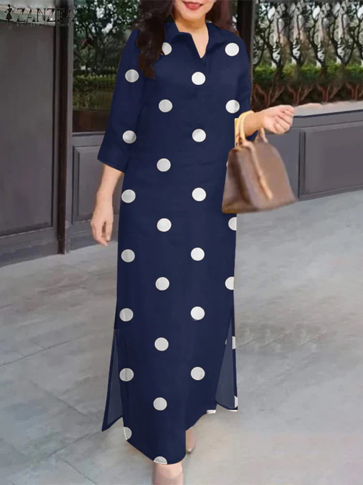 Classic, stylish plus-size women's sundress in a vibrant polka dot design, capturing the essence of casual chic for summer outings.