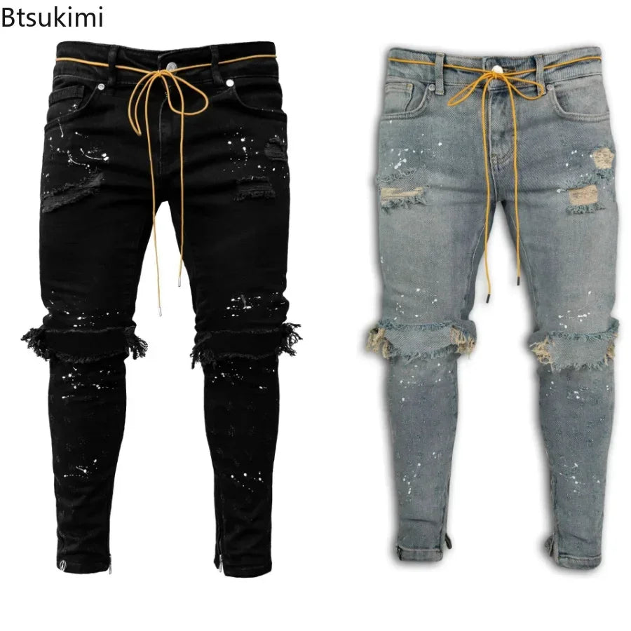 Stylish ripped hole jeans for men, showcasing a trendy hip hop aesthetic with distressed denim and skinny fit, perfect for casual outings.