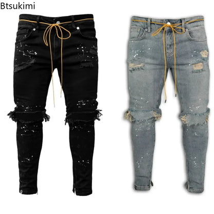 Stylish ripped hole jeans for men, showcasing a trendy hip hop aesthetic with distressed denim and skinny fit, perfect for casual outings.
