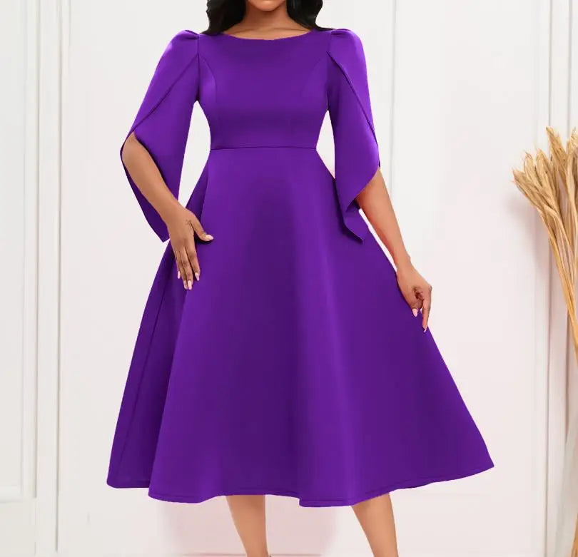 Elegant A-Line evening dress for women, showcasing a refined round neck and exquisite three-quarter petal sleeves, ideal for summer occasions.